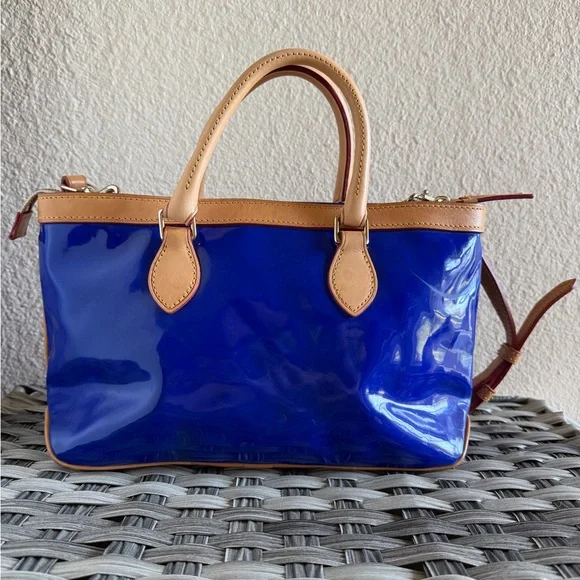 Dooney & Bourke Patent Leather Small Zip Satchel Electric Blue & Tan Trim - Picture 8 of 16